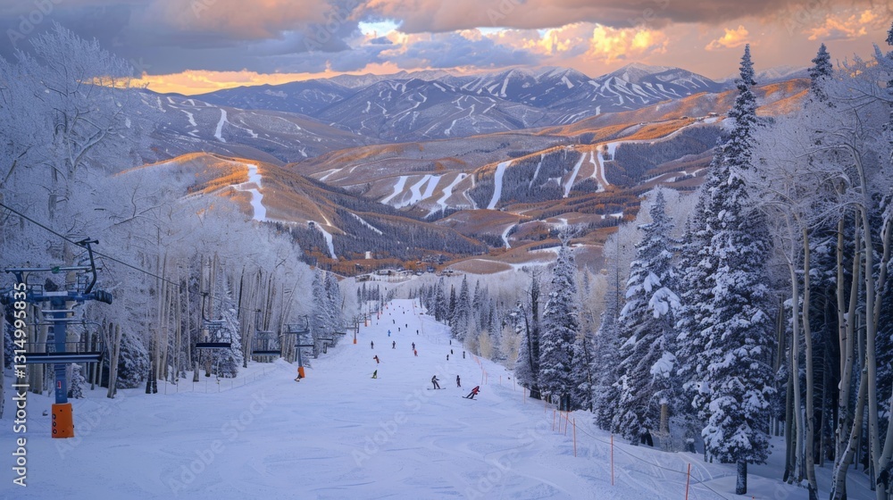 Poster skiers navigate down a snowy slope surrounded by tall trees, with majestic mountains in the backgrou