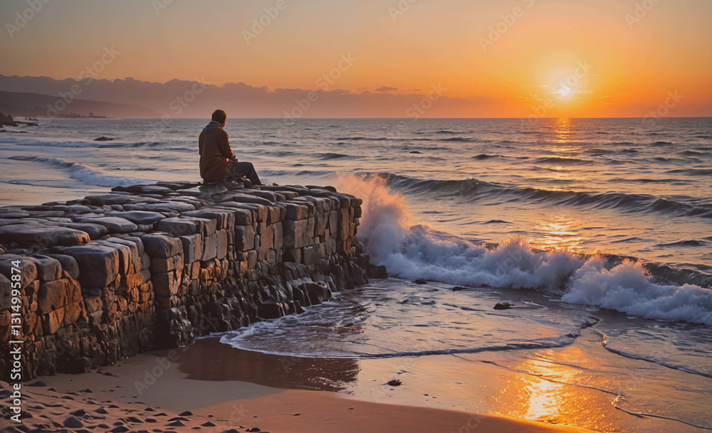 Aufkleber man sits on a rock near the ocean, watching the sun set. the scene is peaceful and serene, with the 