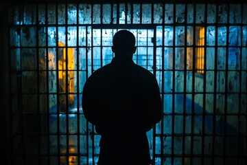 Silhouette of a prisoner standing behind bars, contemplating his life sentence in a jail cell, symbolizing captivity and confinement