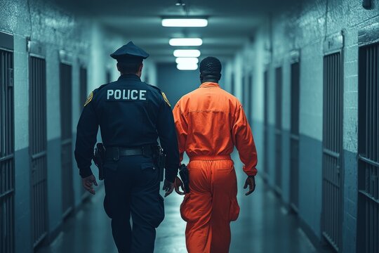 Police officer escorting prisoner in orange jumpsuit through jail corridor