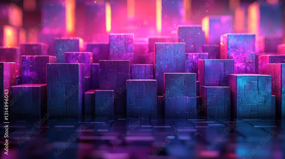 Poster abstract futuristic cityscape with glowing neon light and block structure