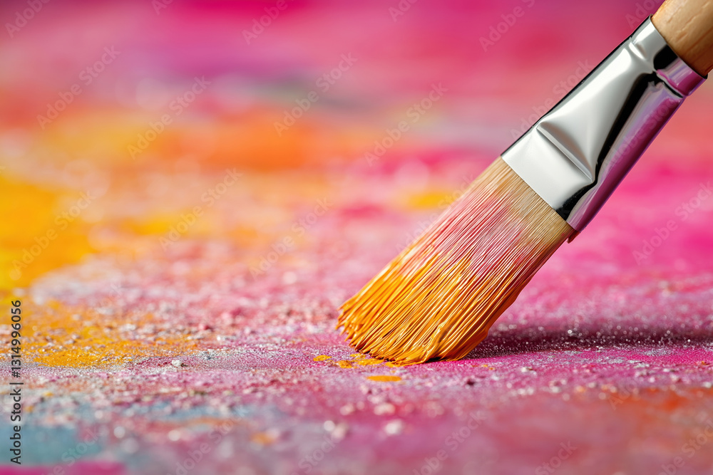 Poster brush touches vibrant paint on canvas creating colorful artistic patterns