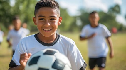 A Latino teenager leads a soccer practice outside.