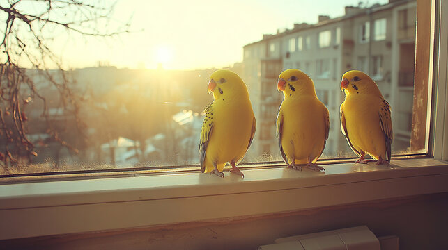 Three yellow parakeets on a windowsill at sunset