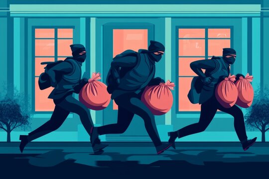 Masked bank robbers running away from bank with stolen money bags at night