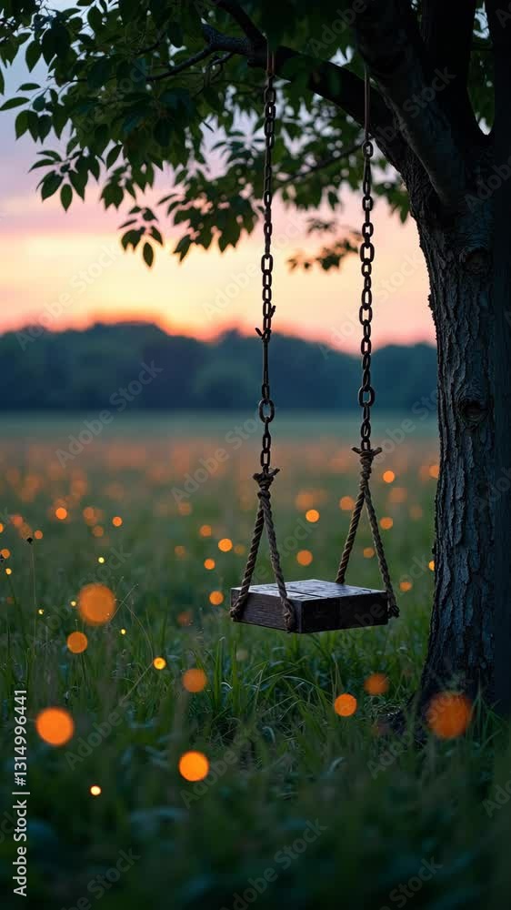 Poster swing is hanging from a tree in a field. the swing is empty and the sky is orange and pink