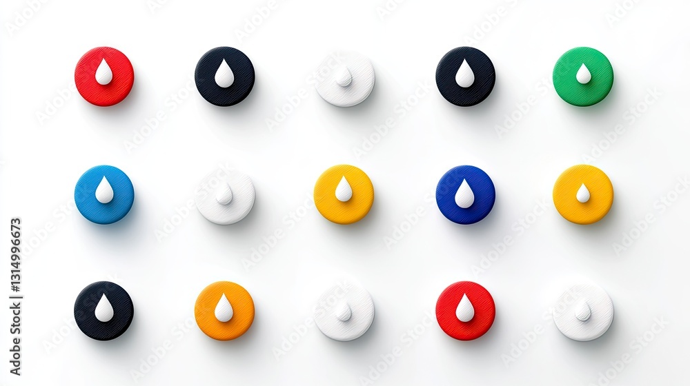 Poster colorful round buttons with a white drop icon, arranged in a grid pattern on a white background.