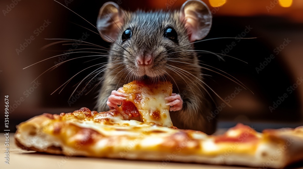 Poster small mouse is eating a slice of pizza. the scene is playful and lighthearted, as the mouse is not a
