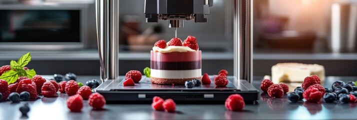 Futuristic food printer creates a colorful dessert with fresh ingredients in a high tech kitchen setting