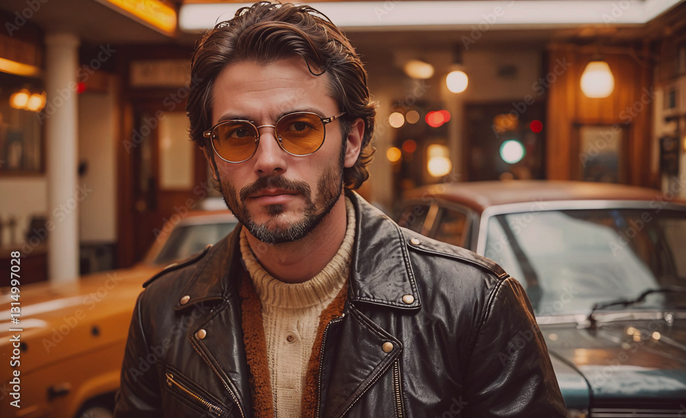 Poster man wearing a leather jacket and sunglasses is standing in front of a yellow car. the scene has a vi