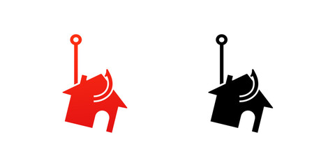 Two house icons with antennas, one red and one black, symbolize connectivity and communication.