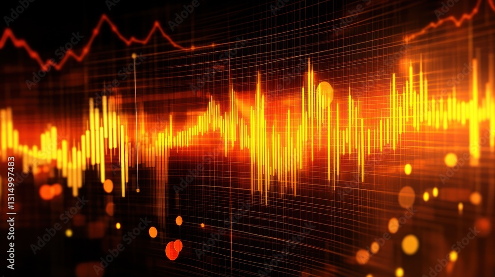 Poster bright orange equalizer display glowing on black background with grid