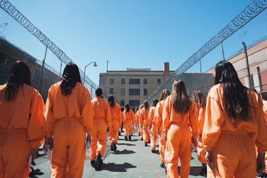 Group of female inmates walking in a prison yard, wearing orange jumpsuits, surrounded by razor wire fences