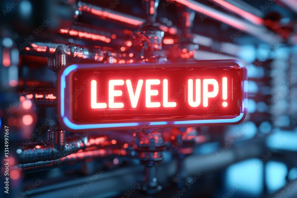 Poster bright neon sign displaying level up illuminated against a background of metallic pipes and modern d