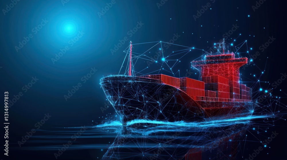 Poster digital container ship network visualization for modern global logistics concept