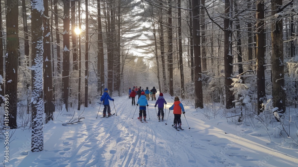 Poster Groups of skiers glide along a snow covered path in a serene forest, surrounded by towering trees under the soft glow of a winter afternoon sun.