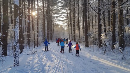 Groups of skiers glide along a snow covered path in a serene forest, surrounded by towering trees under the soft glow of a winter afternoon sun.