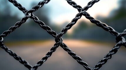 Black chain link fence with a knot in the middle. The fence is open and the knot is visible