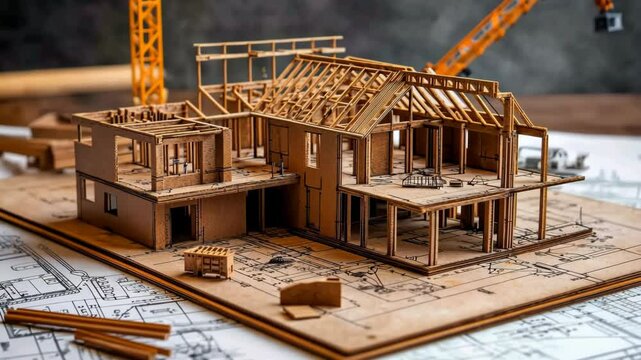 Construction project model showcasing detailed wooden architecture on blueprints in a workshop environment