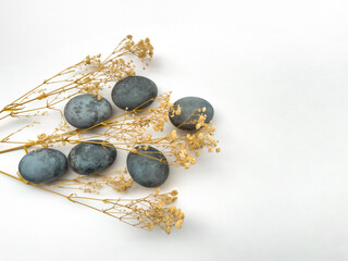 natural Easter composition with colorful blue eggs on clean white background. floral accents. space for text. spring decor. easter-themed