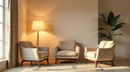 Fototapeta premium Serene living room with three armchairs, illuminated by a warm floor lamp, and complemented by a lush potted plant.