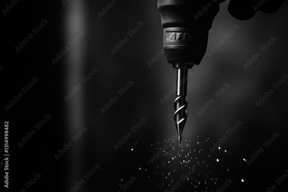 Aufkleber close-up of a drill bit in action creating sparks in a dark workshop environment
