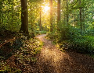 Fototapeta premium a serene forest path winding through dense foliage with sunlight filtering through the canopy above and illuminating the forest floor in a warm golden light nature forest floor