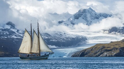 Sailboat sailing in Trollhul Sea, South Georgia Island
