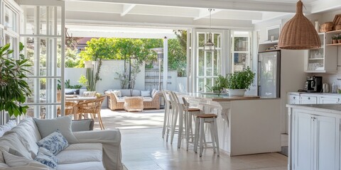 Fototapeta premium Bright, airy open-plan kitchen and living area with garden view.