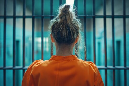 Prisoner wearing orange uniform standing behind jail bars looking at prison interior