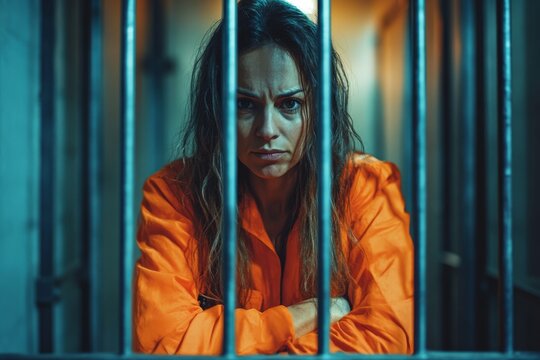 Caucasian female inmate wearing orange jumpsuit standing behind bars in jail cell with arms crossed