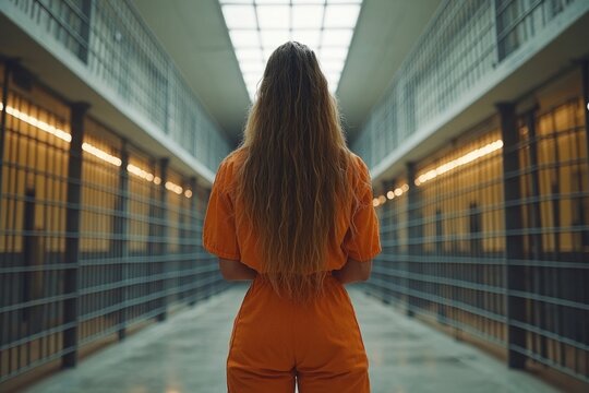 Prisoner standing with her back to the viewer in a jail corridor, contemplating her future