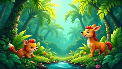 Fototapeta premium Lush green foliage and playful animals in a vibrant tropical setting, colorful, foliage