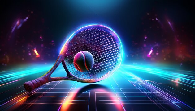 tennis racket and ball hologram digital and technological tennis background futuristic tennis design - Powered by Adobe