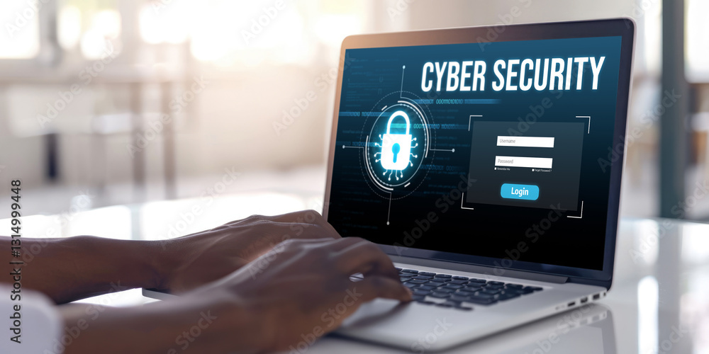 Poster cyber security system on computer screen protect private information brisk from hacker and cyber att