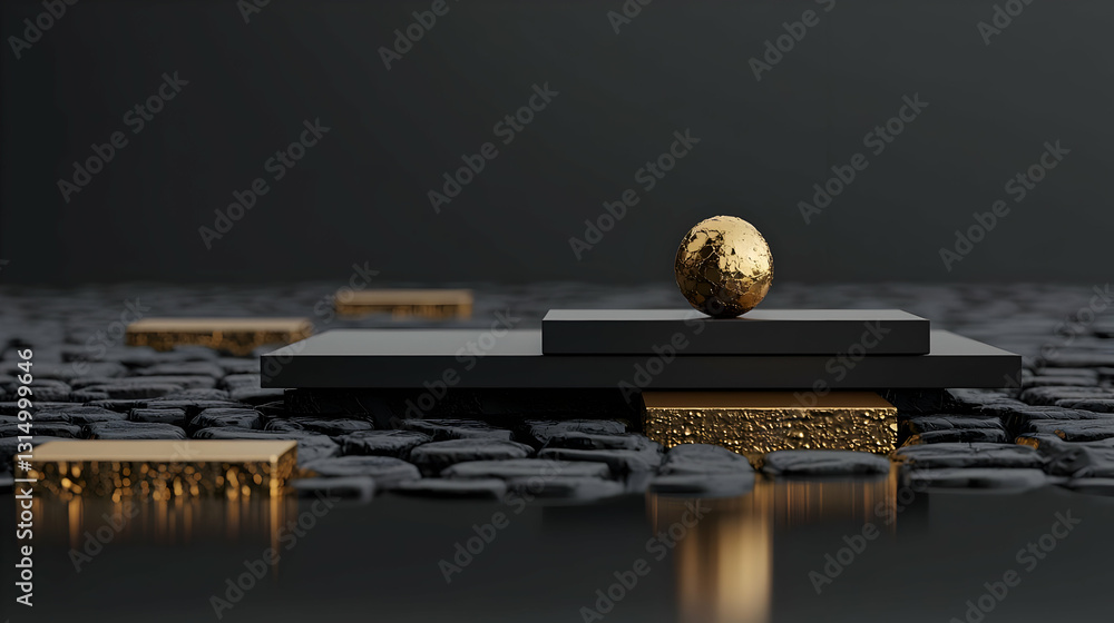 Poster 3d render of a luxurious black and gold podium display on a stone textured surface in a dark studio 