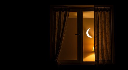 Serene night scene illuminated window crescent moon nighttime view art lamp dark room calm cozy home