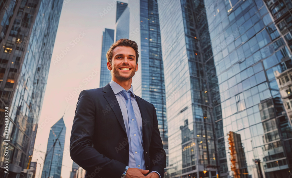 Poster man in a suit is smiling in front of a tall building. concept of confidence and success, as the man 