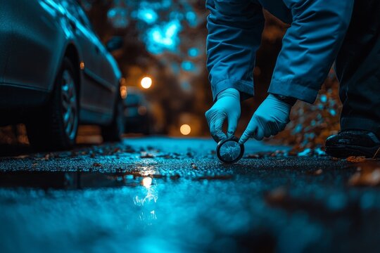Forensic scientist wearing gloves collecting evidence with magnifying glass at a crime scene at night