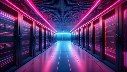 Fototapeta premium a futuristic data center corridor illuminated with vibrant pink and blue lights showcasing rows of servers and a sleek high tech atmosphere