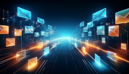 abstract digital representation of email communication featuring glowing envelopes against a dark background symbolizing speed and connectivity