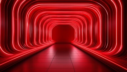 Naklejka premium red neon tunnel in the dark room red futuristic tunnel stage illuminated red 3d showroom
