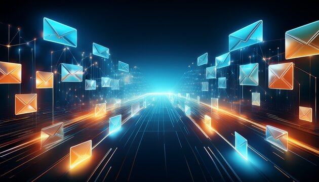 abstract digital representation of email communication featuring glowing envelopes against a dark background symbolizing speed and connectivity