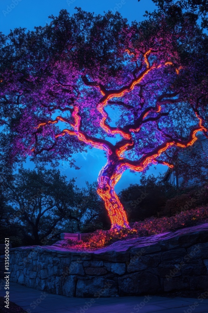 Poster enchanting tree adorned with vibrant neon lights casting a magical glow at twilight creating a whims
