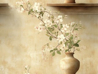 Seamless Pattern - Floral arrangement in a neutral-toned vase on a textured background, still life.