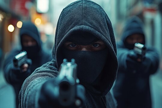 Group of masked criminals pointing guns in a threatening way on a blurred urban street