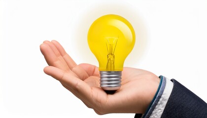 yellow lightbulb in hand isolated on transparent or white background