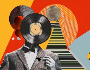 retro music creative art collage picture retro vintage geometric illustration fun artwork texture background copy space design