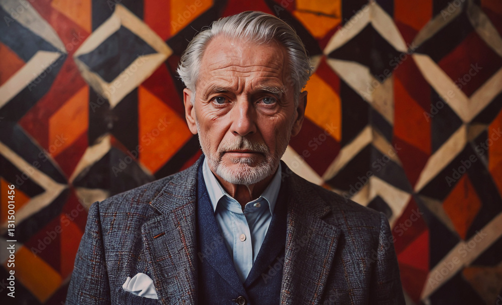 Poster man in a suit and vest stands in front of a colorful wall. he looks serious and focused