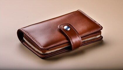 a sleek brown leather wallet with a snap closure showcasing a smooth texture and a compact design